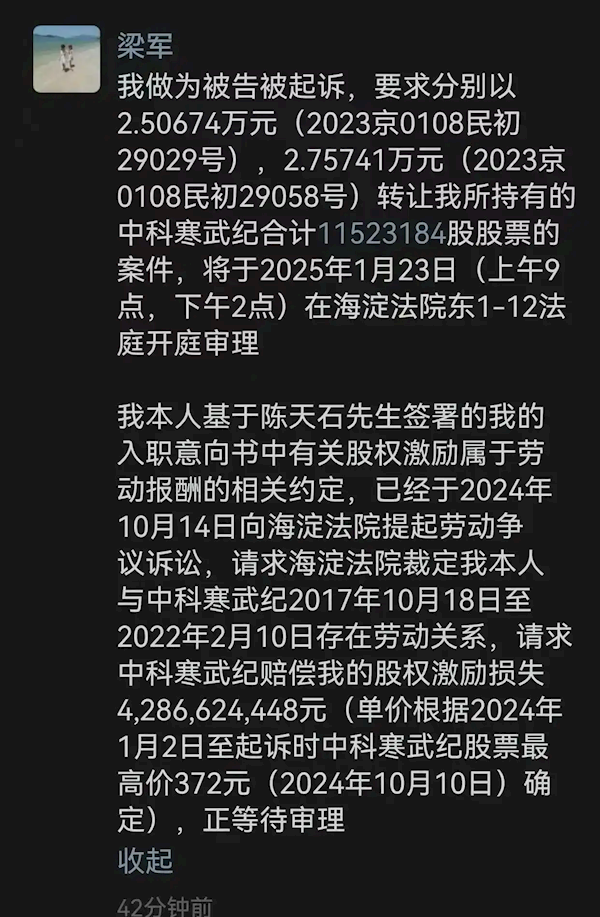 国产AI芯片第一股:寒武纪遭前CTO梁军起诉索赔429亿元股权激励(图1)